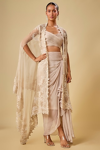 Ivory Chiffon Cutdana Hand Embroidered Cape Set by Anushree Reddy