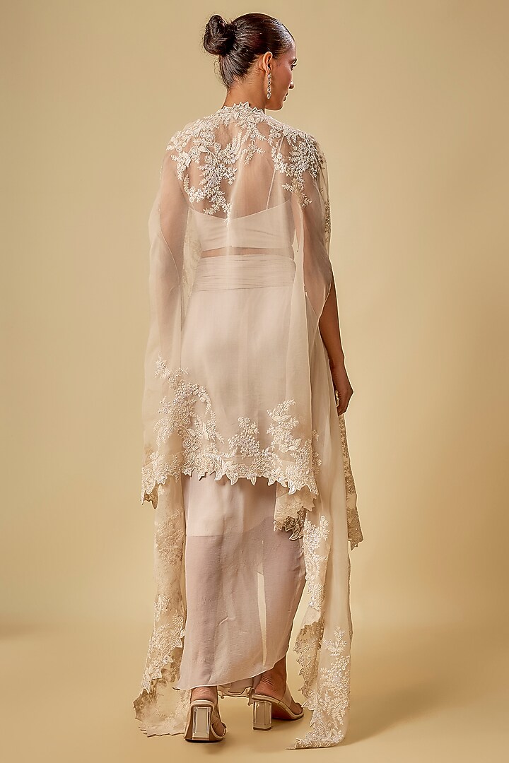 Ivory Chiffon Cutdana Hand Embroidered Cape Set by Anushree Reddy at Pernia's Pop Up Shop