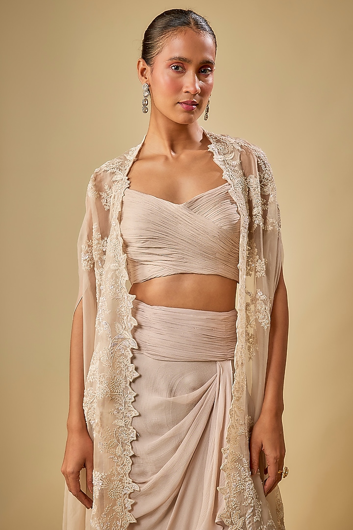 Ivory Chiffon Cutdana Hand Embroidered Cape Set by Anushree Reddy at Pernia's Pop Up Shop