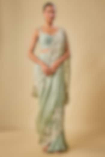 Sea Blue Chiffon Cutdana Hand Embroidered Cape Set by Anushree Reddy at Pernia's Pop Up Shop