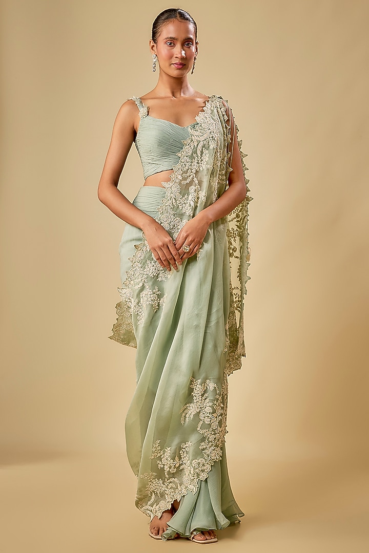 Sea Blue Chiffon Cutdana Hand Embroidered Cape Set by Anushree Reddy at Pernia's Pop Up Shop