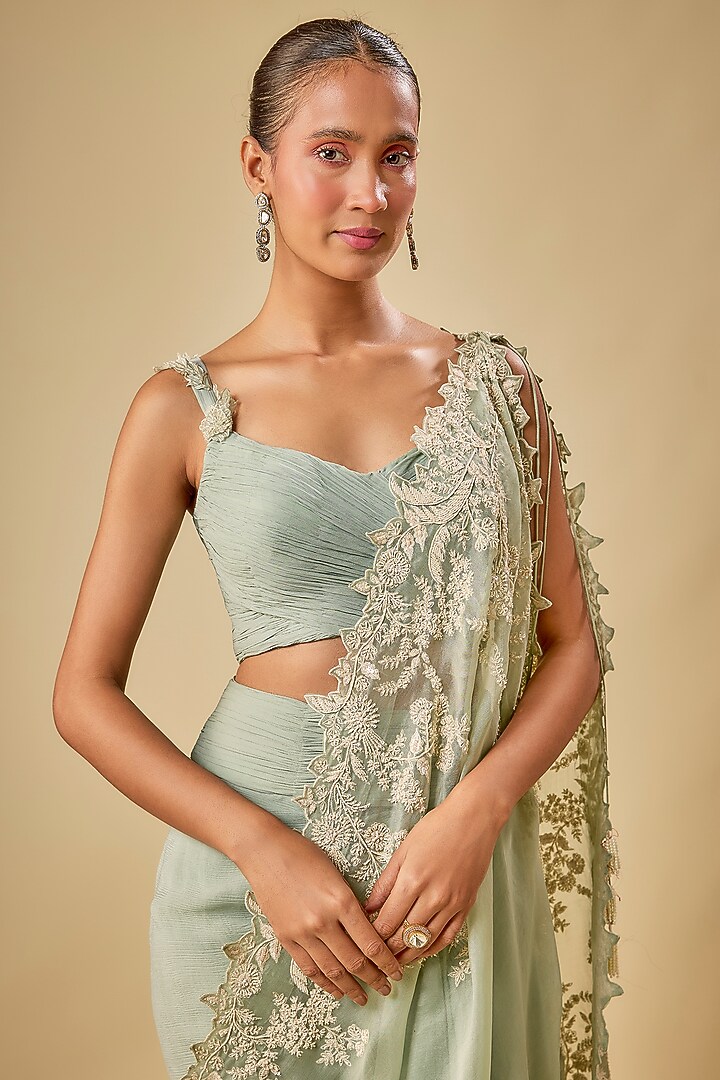 Sea Blue Chiffon Cutdana Hand Embroidered Cape Set by Anushree Reddy at Pernia's Pop Up Shop