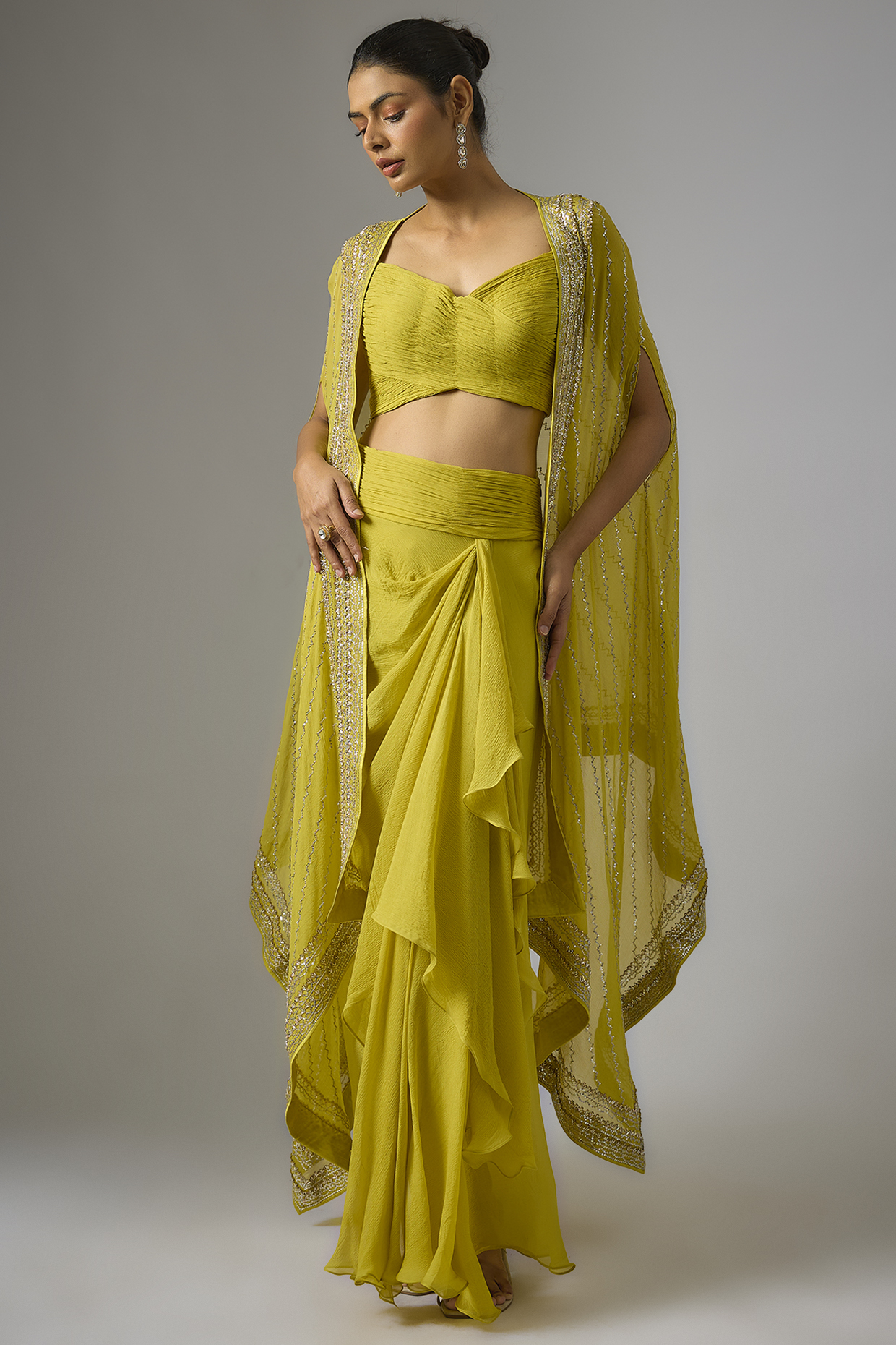 Yellow Chiffon Hand Embroidered Cape Set by Anushree Reddy at Pernia's Pop Up Shop