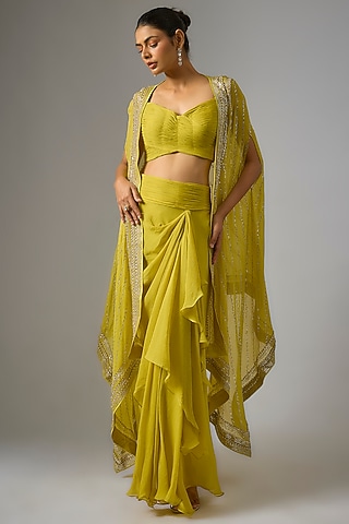 Yellow Chiffon Hand Embroidered Cape Set by Anushree Reddy
