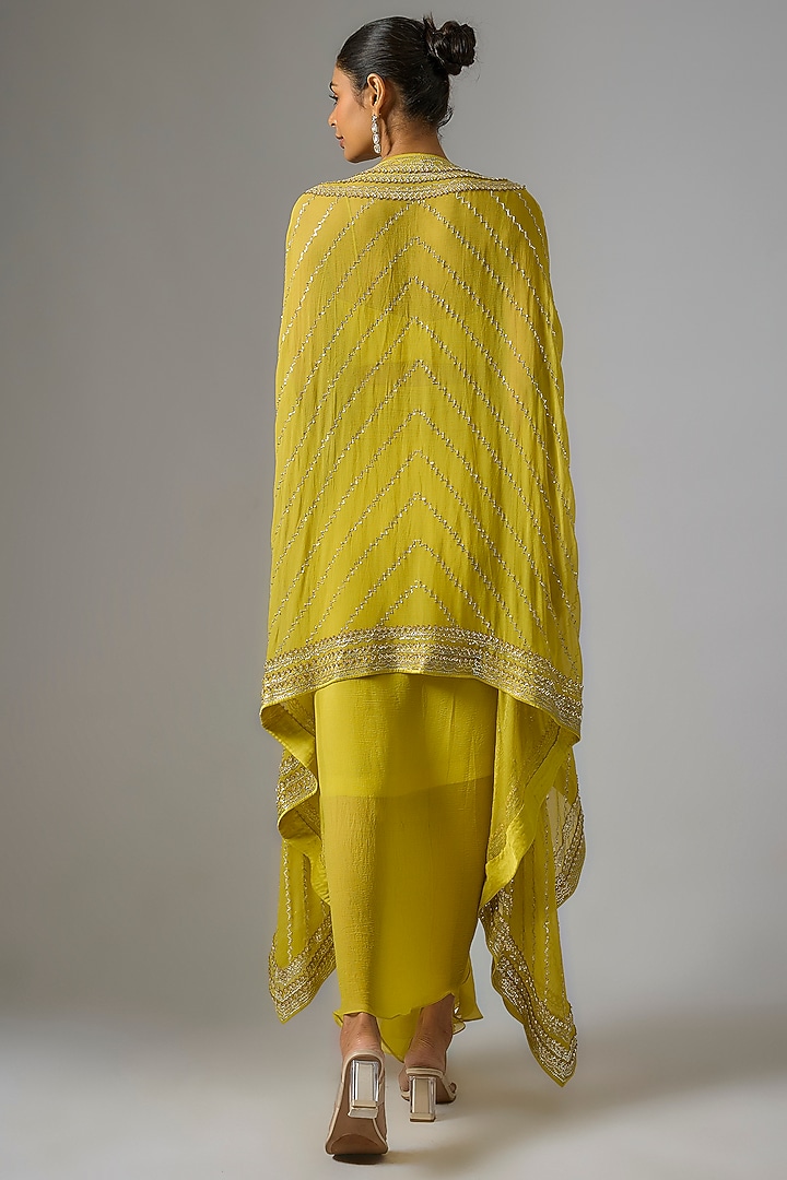 Yellow Chiffon Hand Embroidered Cape Set by Anushree Reddy at Pernia's Pop Up Shop