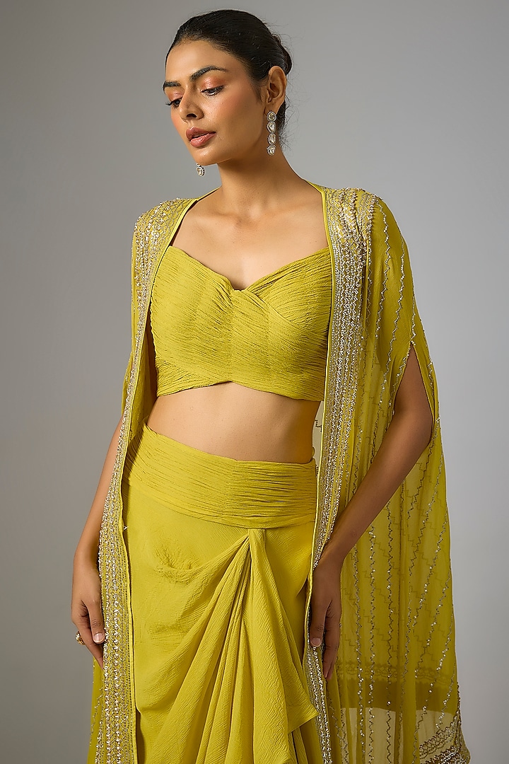 Yellow Chiffon Hand Embroidered Cape Set by Anushree Reddy at Pernia's Pop Up Shop