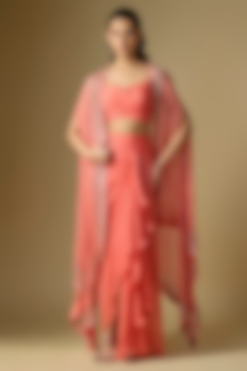 Peach Chiffon Hand Embroidered Cape Set by Anushree Reddy at Pernia's Pop Up Shop