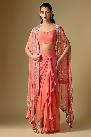 Peach Chiffon Hand Embroidered Cape Set by Anushree Reddy