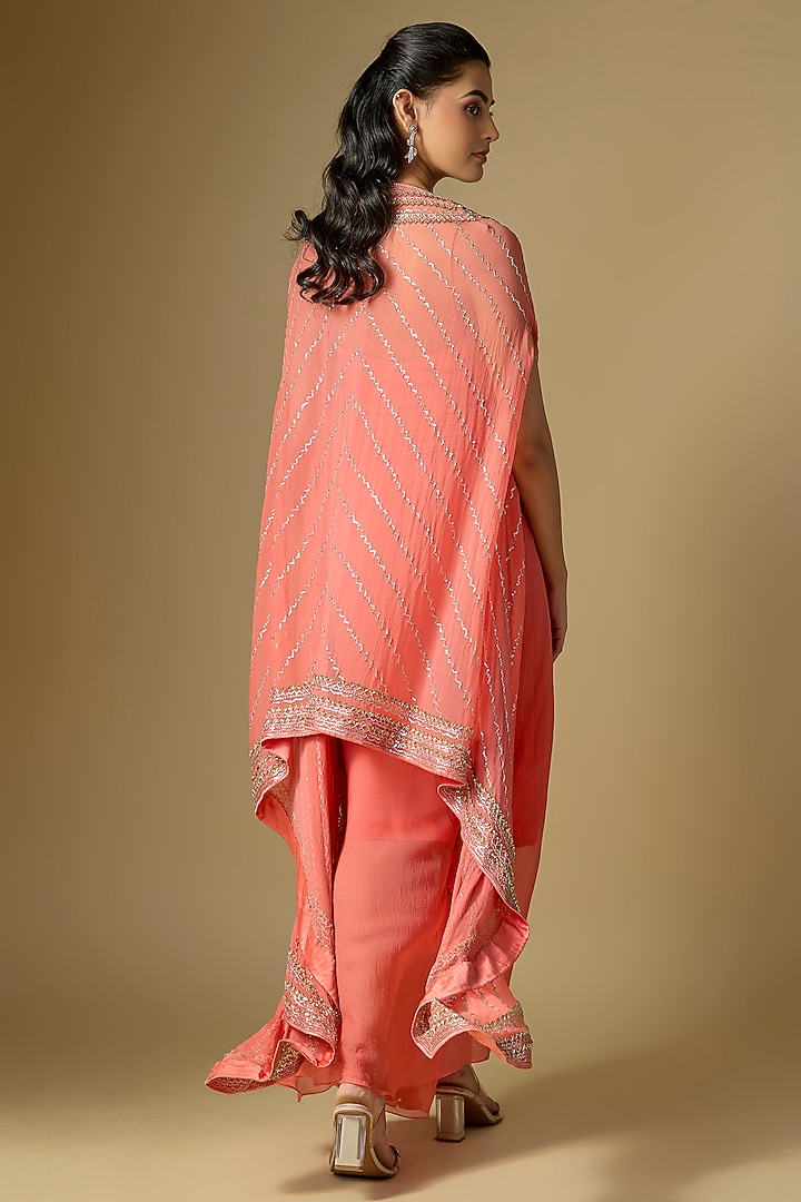 Peach Chiffon Hand Embroidered Cape Set by Anushree Reddy at Pernia's Pop Up Shop