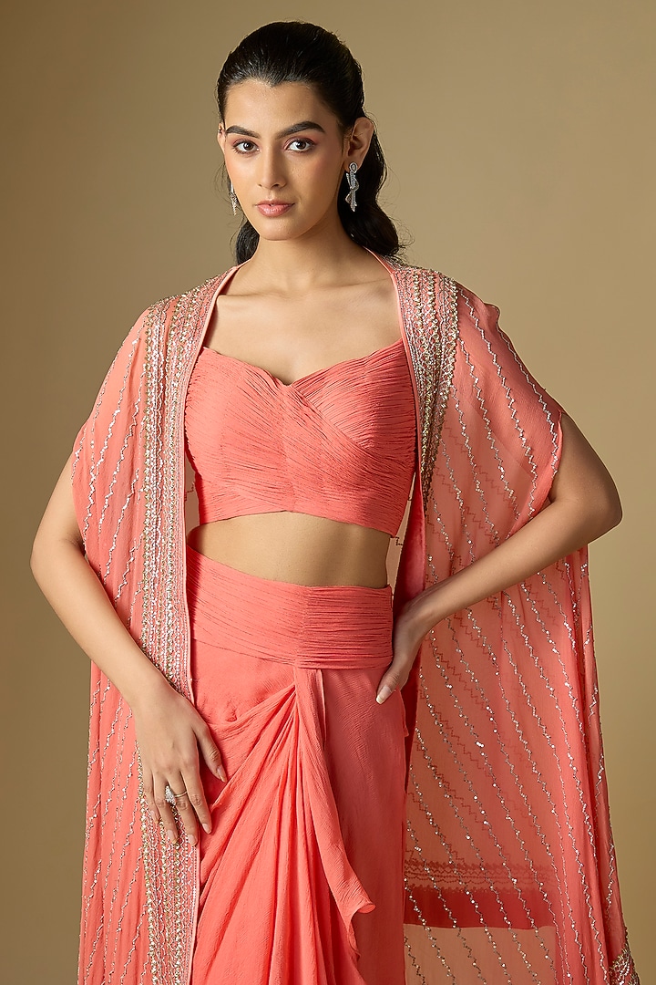 Peach Chiffon Hand Embroidered Cape Set by Anushree Reddy at Pernia's Pop Up Shop