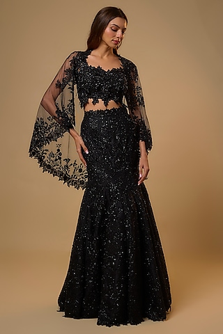 Black Organza Cutdana Embroidered Lehenga Set by Anushree Reddy