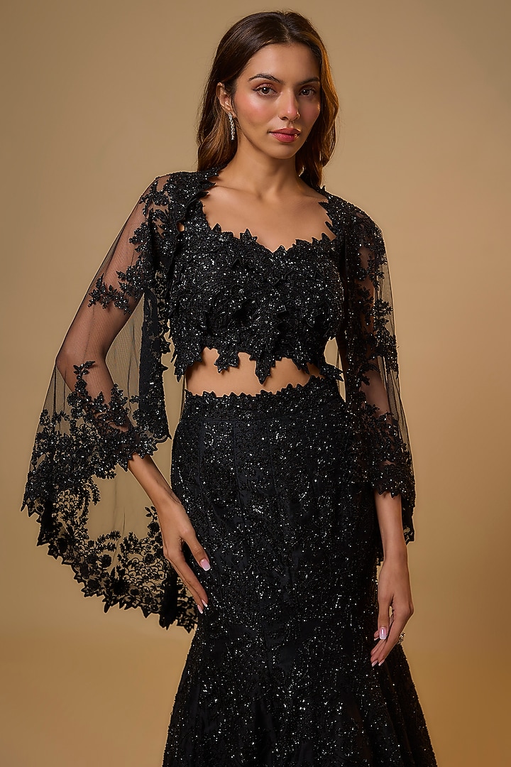 Black Organza Cutdana Embroidered Bridal Lehenga Set by Anushree Reddy at Pernia's Pop Up Shop