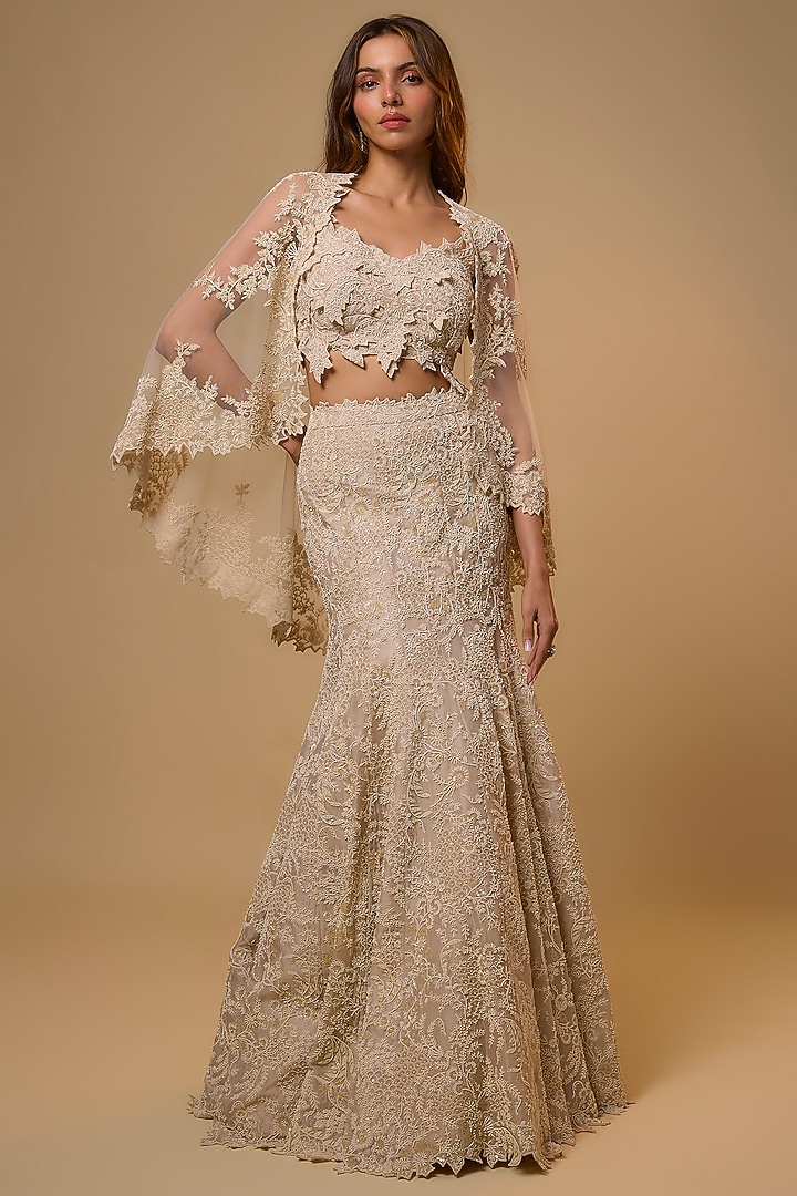 Ivory Organza Pearl Work Bridal Lehenga Set by Anushree Reddy at Pernia's Pop Up Shop