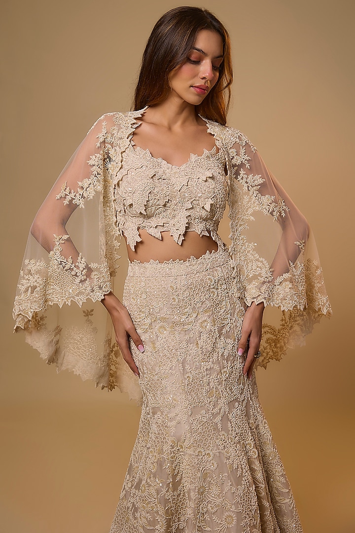 Ivory Organza Pearl Work Bridal Lehenga Set by Anushree Reddy at Pernia's Pop Up Shop