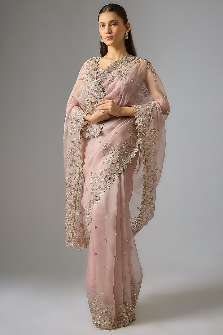 Champagne Organza Hand Embroidered Bridal Saree Set by Anushree Reddy at Pernia's Pop Up Shop