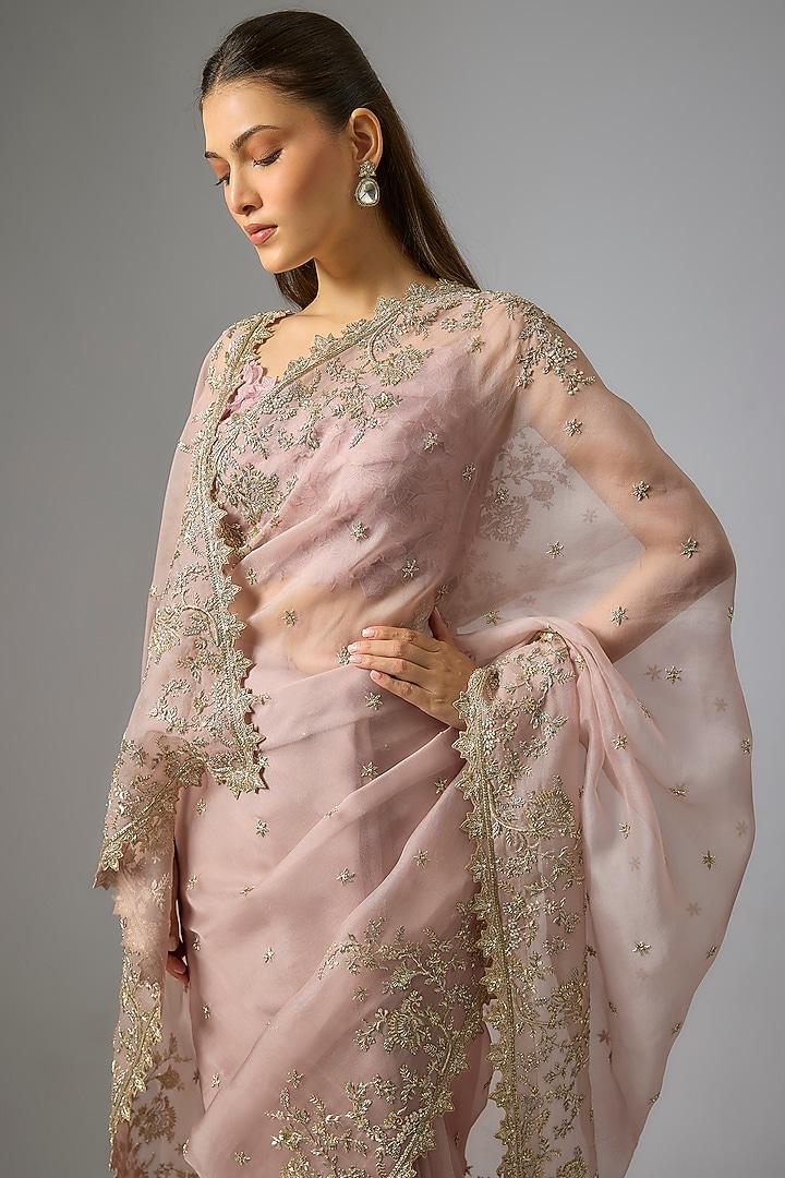 Champagne Organza Hand Embroidered Bridal Saree Set by Anushree Reddy at Pernia's Pop Up Shop
