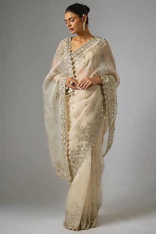 Ivory Organza Hand Embroidered Saree Set by Anushree Reddy