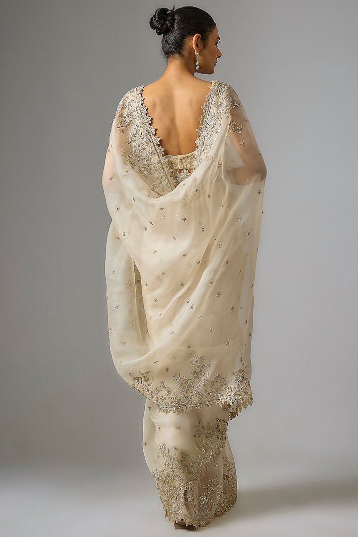 Ivory Organza Hand Embroidered Bridal Saree Set by Anushree Reddy at Pernia's Pop Up Shop