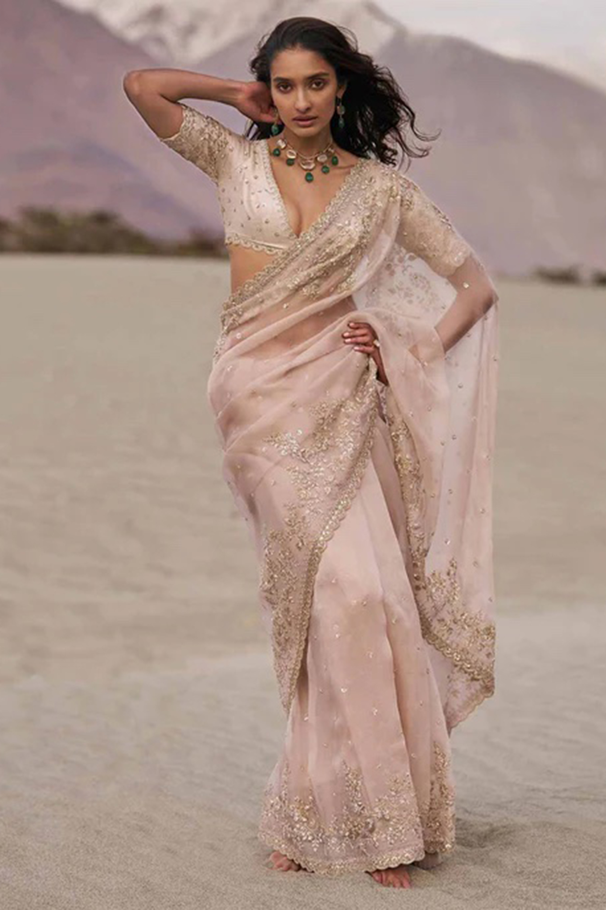 Ivory Organza Bridal Saree Set by Anushree Reddy at Pernia's Pop Up Shop
