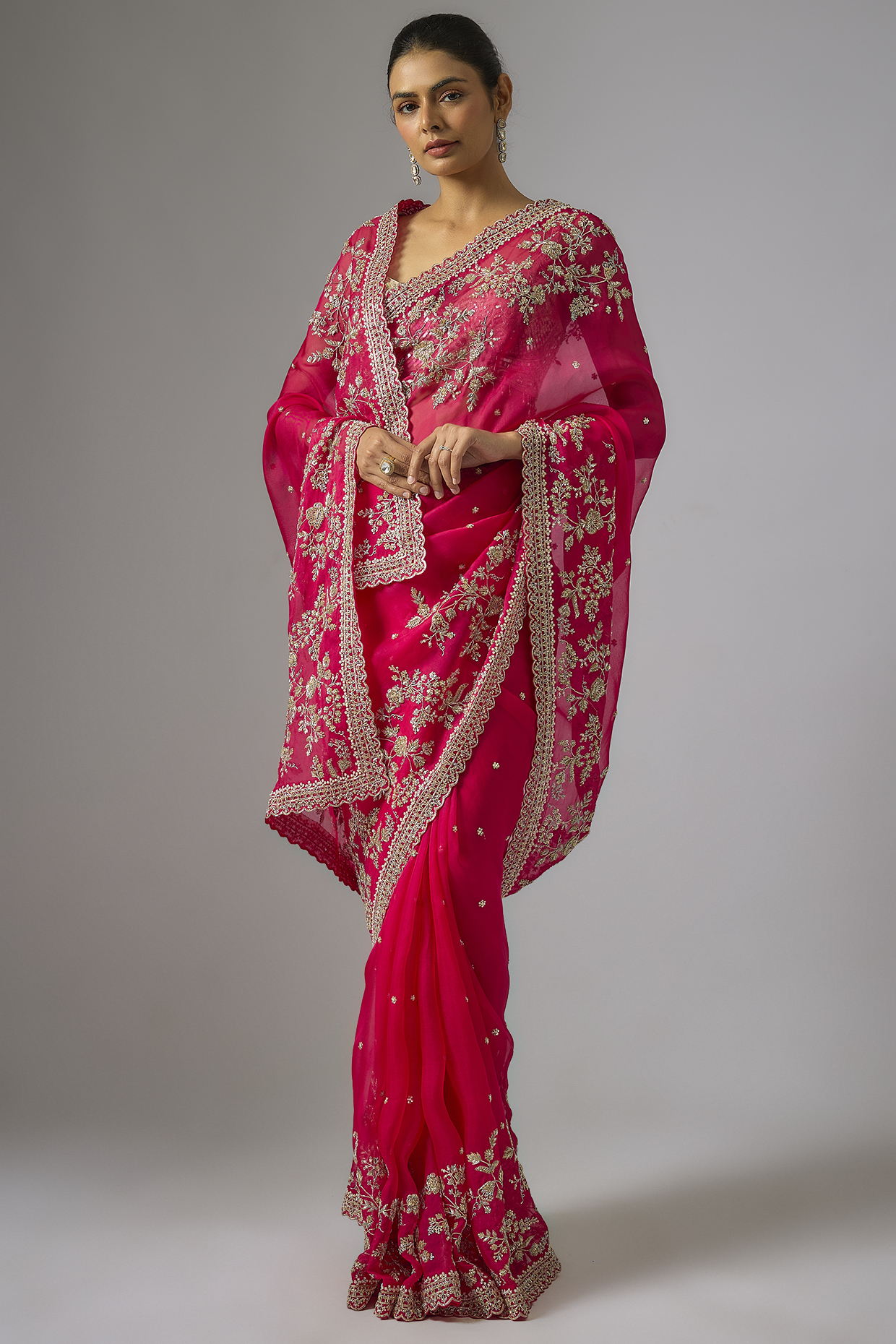 Red Organza Hand Embroidered Bridal Saree Set by Anushree Reddy at Pernia's Pop Up Shop