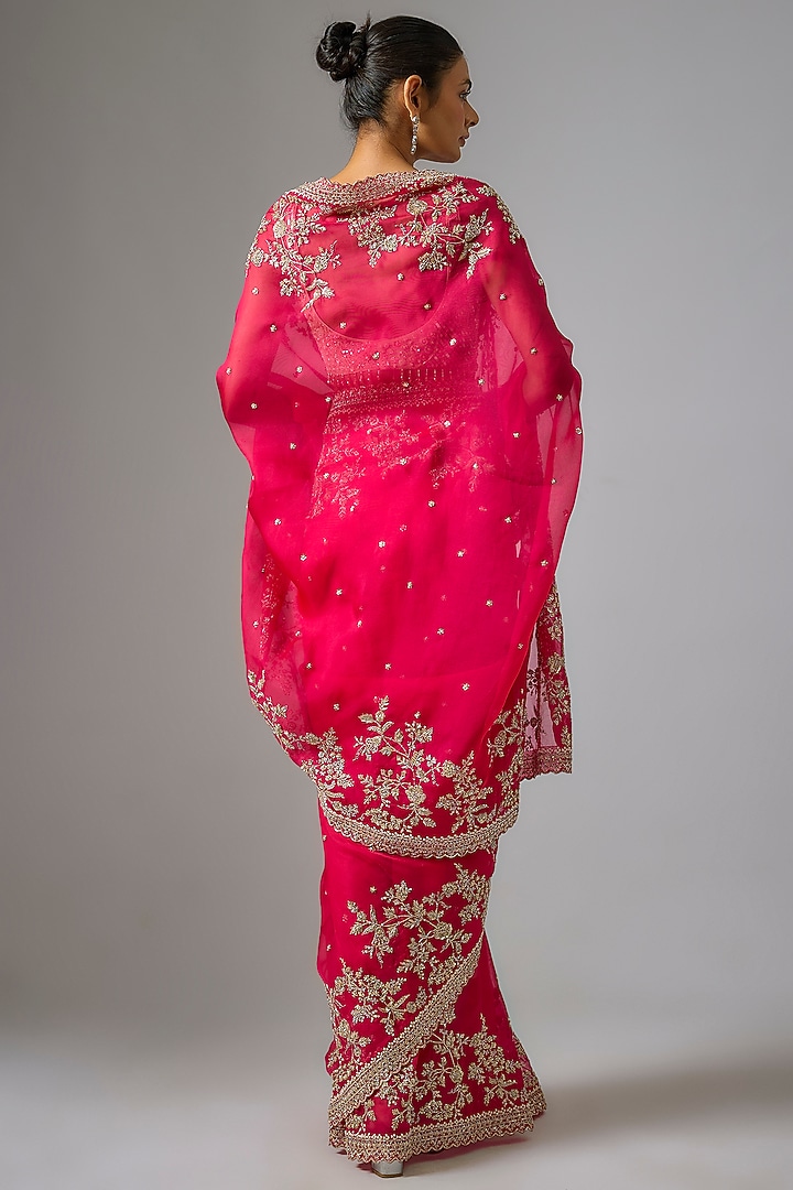 Red Organza Hand Embroidered Bridal Saree Set by Anushree Reddy at Pernia's Pop Up Shop