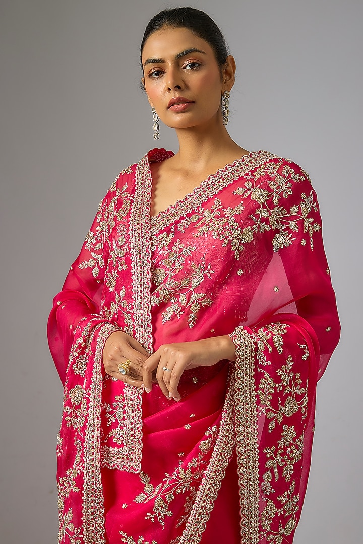 Red Organza Hand Embroidered Bridal Saree Set by Anushree Reddy at Pernia's Pop Up Shop