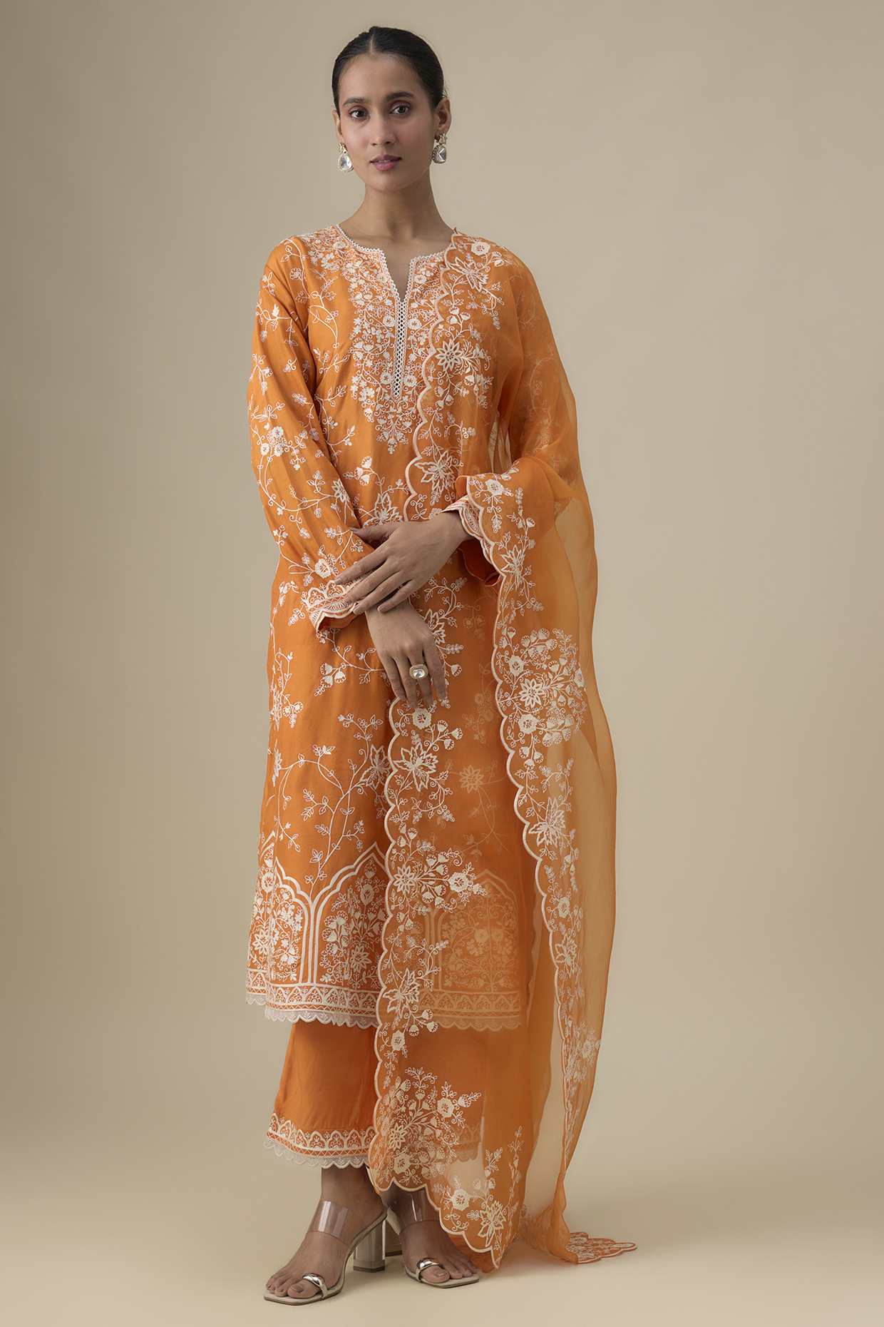 Orange Dupion Silk Aari Thread Work Kurta Set by Anushree Reddy at Pernia's Pop Up Shop