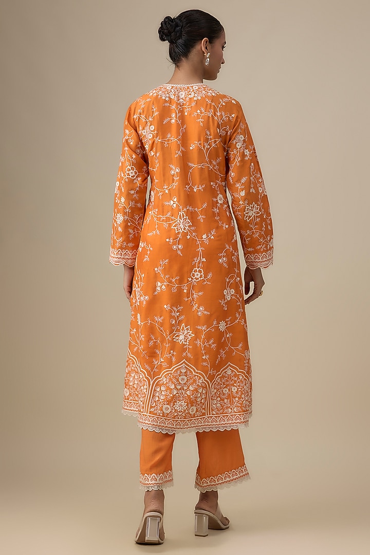 Orange Dupion Silk Aari Thread Work Kurta Set by Anushree Reddy at Pernia's Pop Up Shop