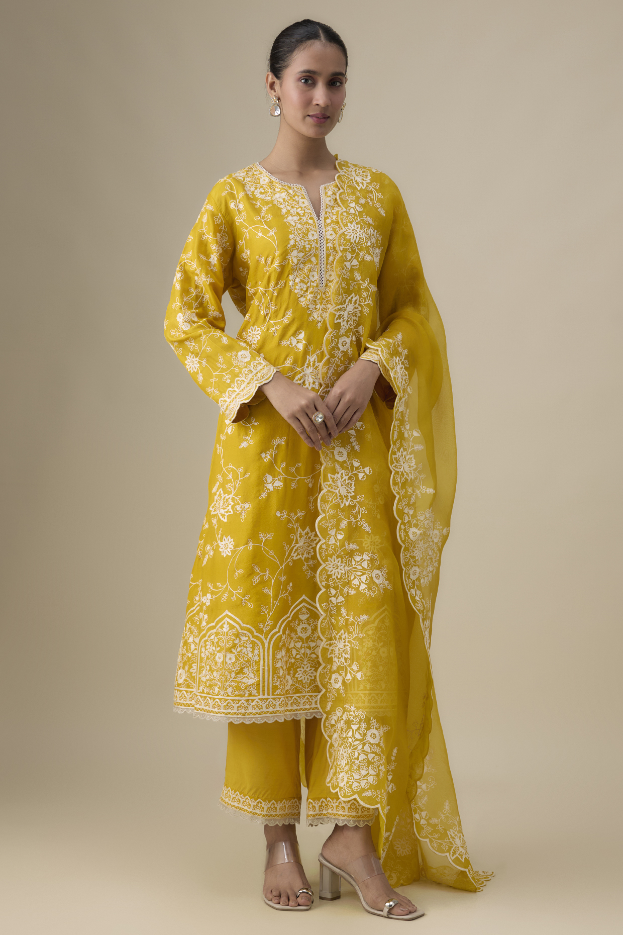 Yellow Dupion Silk Aari Thread Work Kurta Set by Anushree Reddy at Pernia's Pop Up Shop