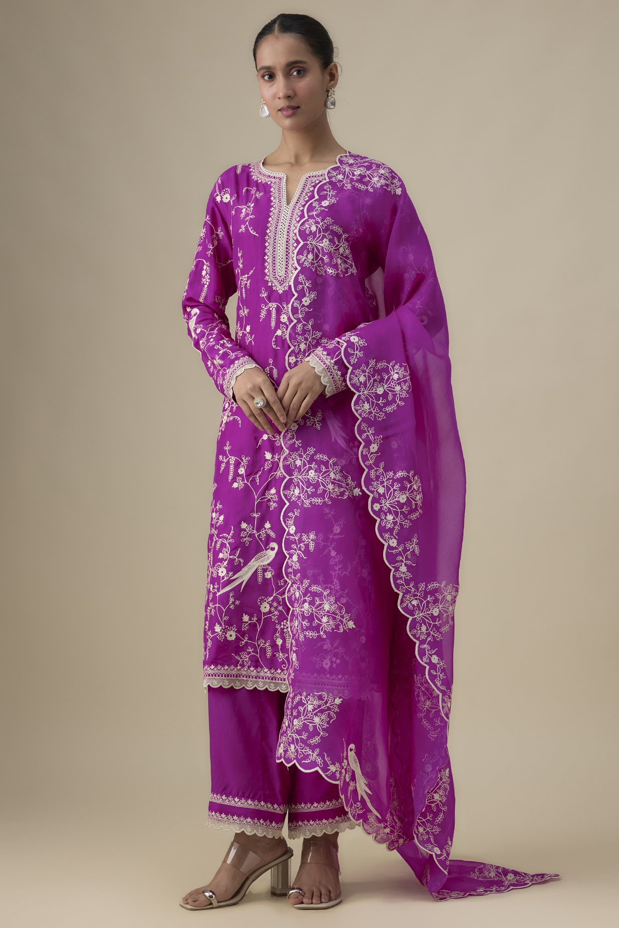Magenta Dupion Silk Aari Thread Work Kurta Set by Anushree Reddy at Pernia's Pop Up Shop