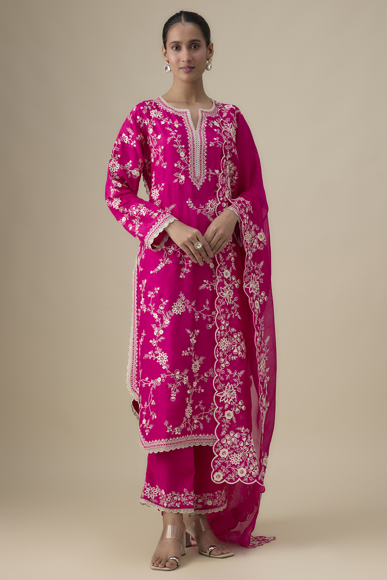 Hot Pink Dupion Silk Aari Thread Work Kurta Set by Anushree Reddy at Pernia's Pop Up Shop