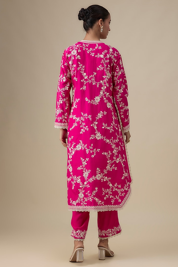 Hot Pink Dupion Silk Aari Thread Work Kurta Set by Anushree Reddy at Pernia's Pop Up Shop
