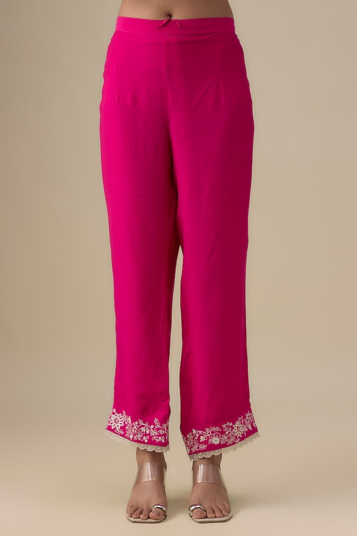 Hot Pink Dupion Silk Aari Thread Work Kurta Set by Anushree Reddy at Pernia's Pop Up Shop