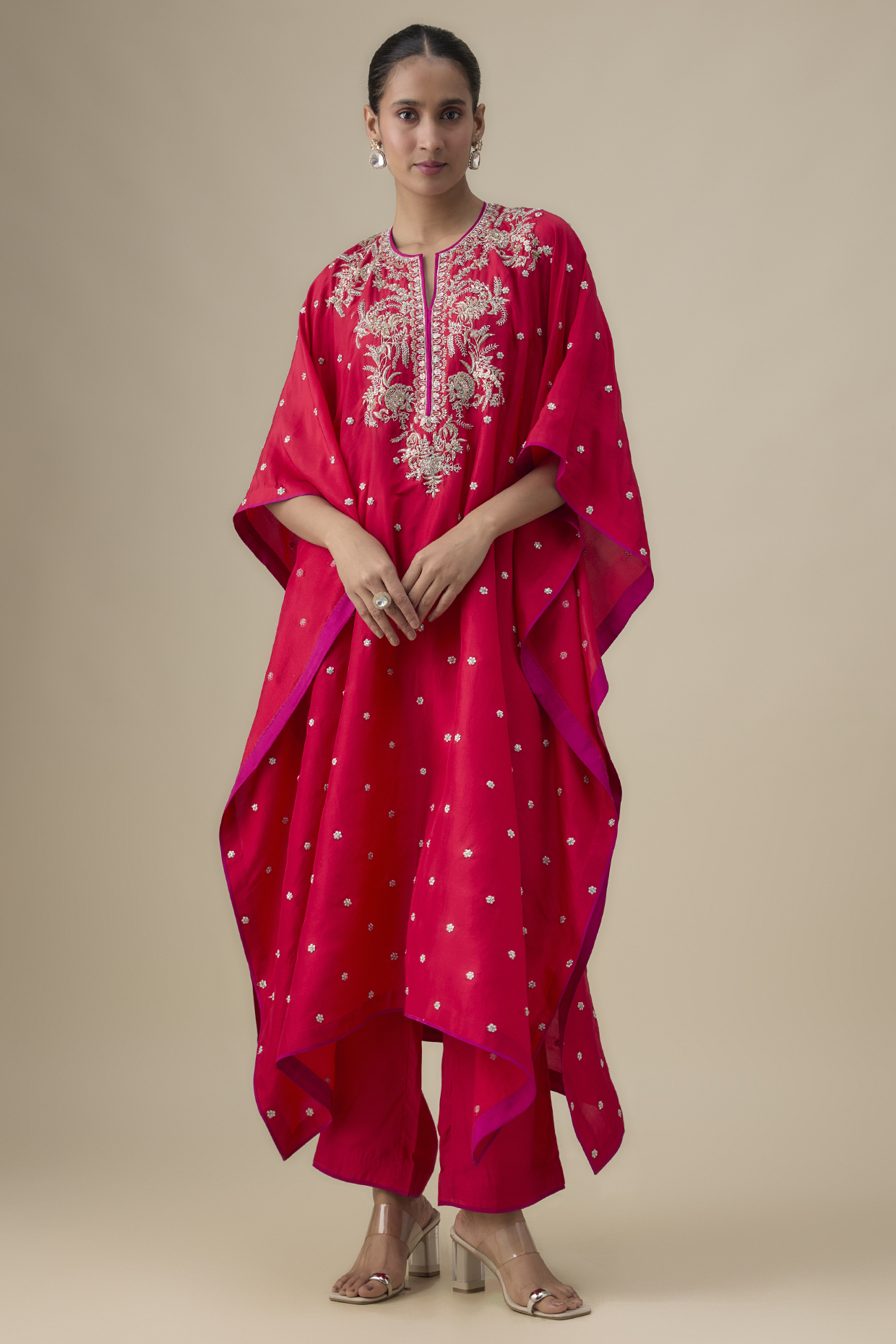 Red Dupion Silk Zardosi Work Kaftan Set by Anushree Reddy at Pernia's Pop Up Shop
