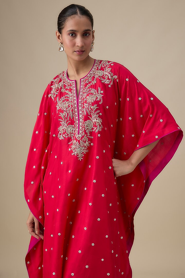Red Dupion Silk Zardosi Work Kaftan Set by Anushree Reddy at Pernia's Pop Up Shop