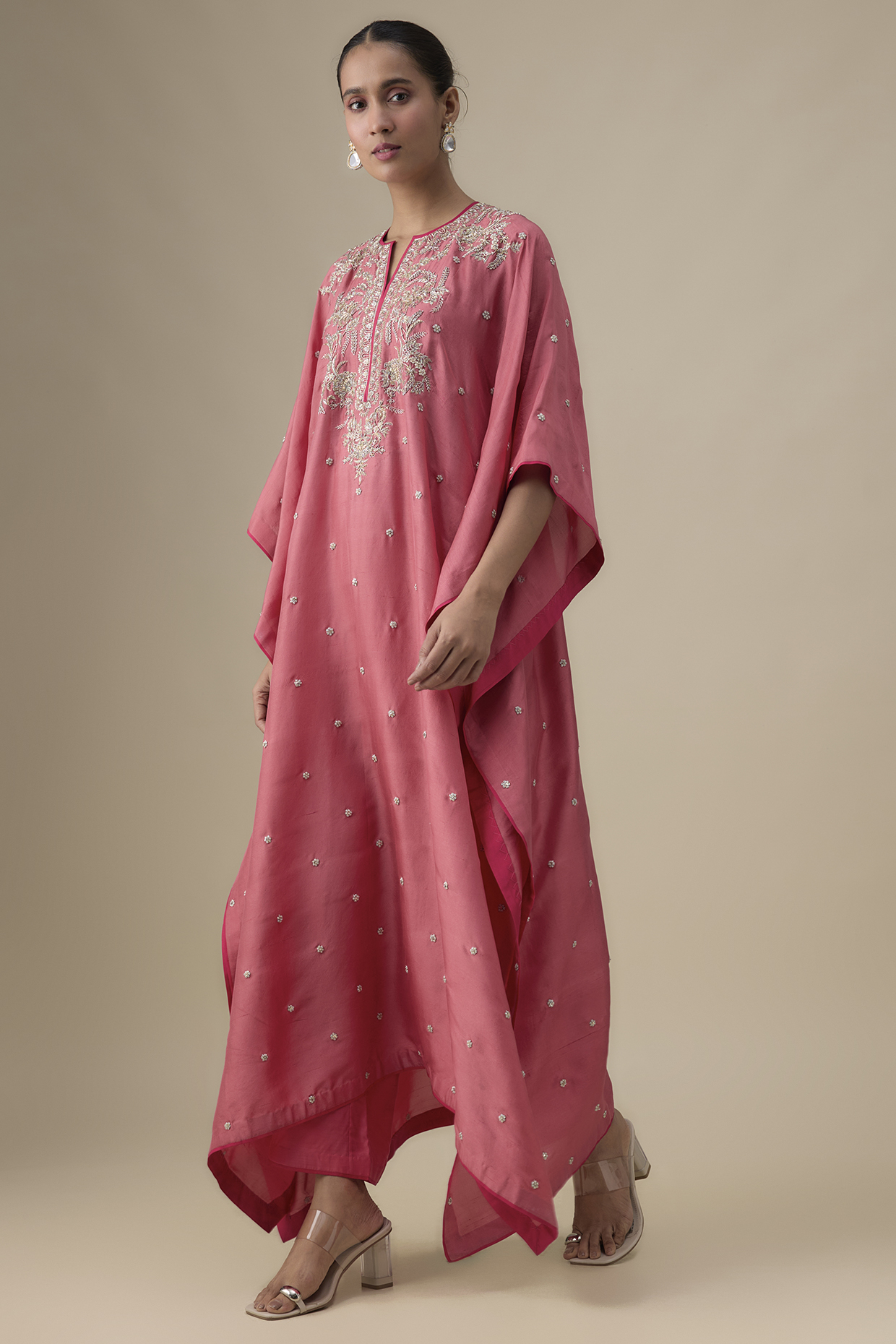 Peach Dupion Silk Zardosi Work Kaftan Set by Anushree Reddy at Pernia's Pop Up Shop