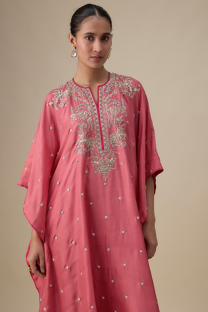 Peach Dupion Silk Zardosi Work Kaftan Set by Anushree Reddy at Pernia's Pop Up Shop