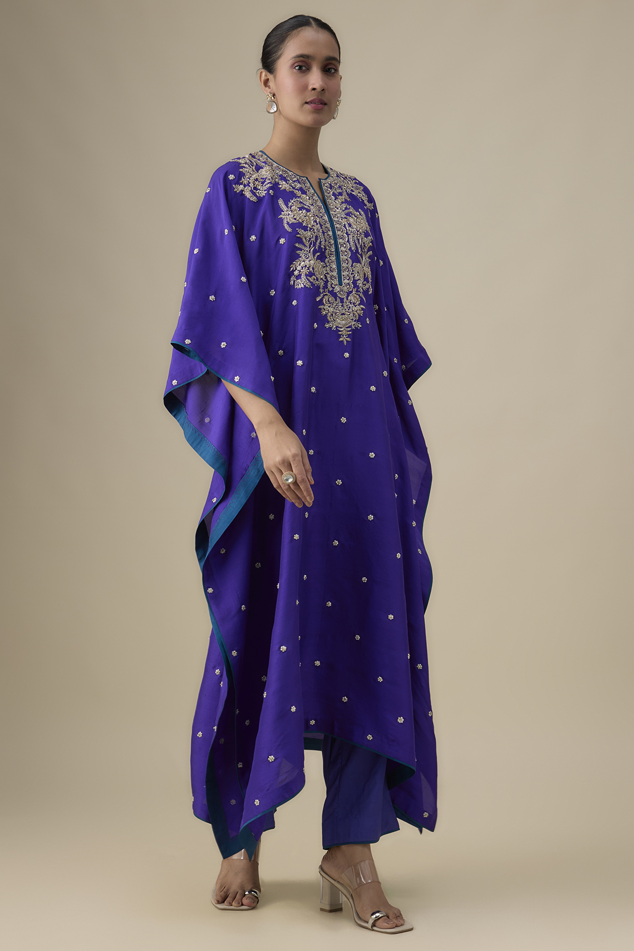 Ink Blue Dupion Silk Zardosi Work Kaftan Set by Anushree Reddy at Pernia's Pop Up Shop