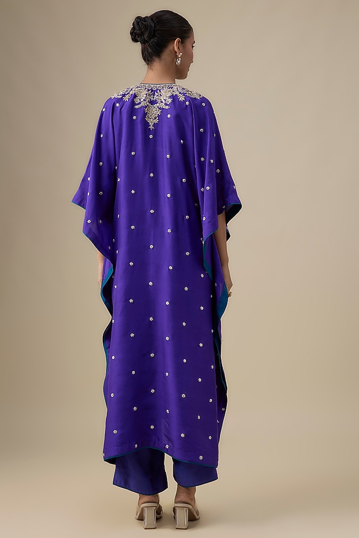 Ink Blue Dupion Silk Zardosi Work Kaftan Set by Anushree Reddy at Pernia's Pop Up Shop