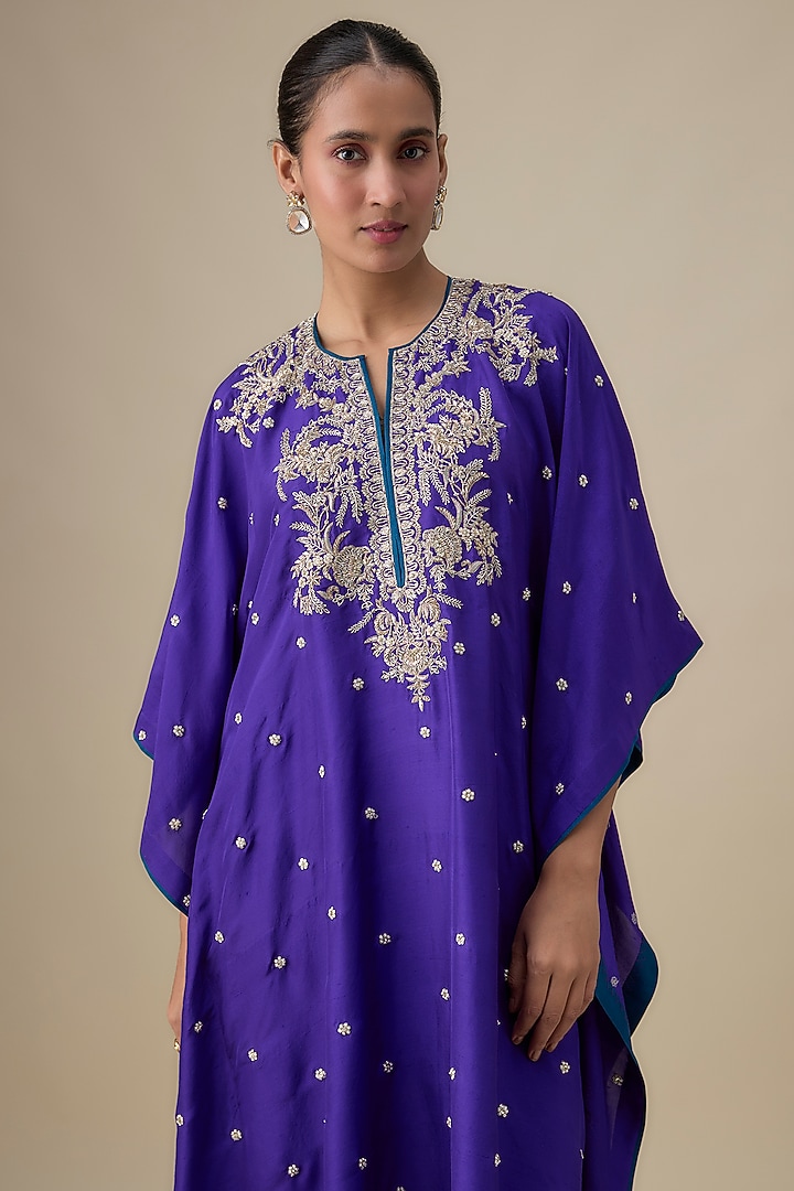 Ink Blue Dupion Silk Zardosi Work Kaftan Set by Anushree Reddy at Pernia's Pop Up Shop