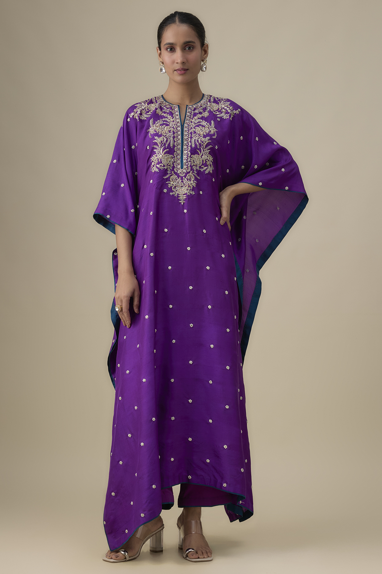 Purple Dupion Silk Zardosi Work Kaftan Set by Anushree Reddy at Pernia's Pop Up Shop