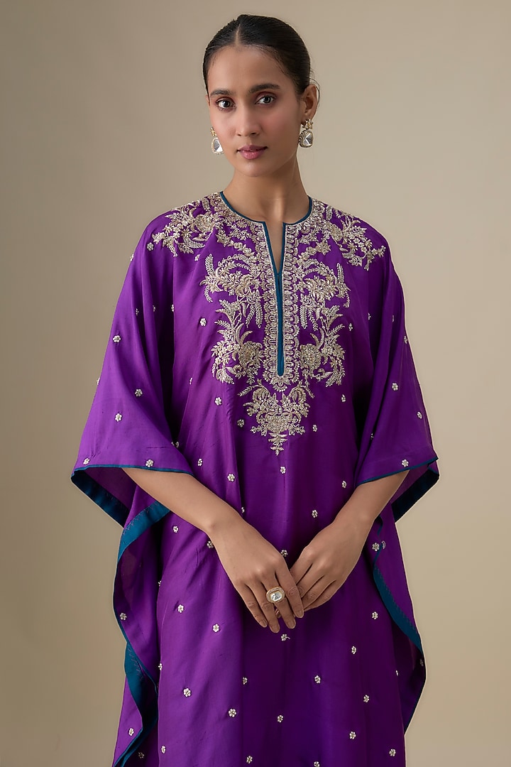 Purple Dupion Silk Zardosi Work Kaftan Set by Anushree Reddy at Pernia's Pop Up Shop