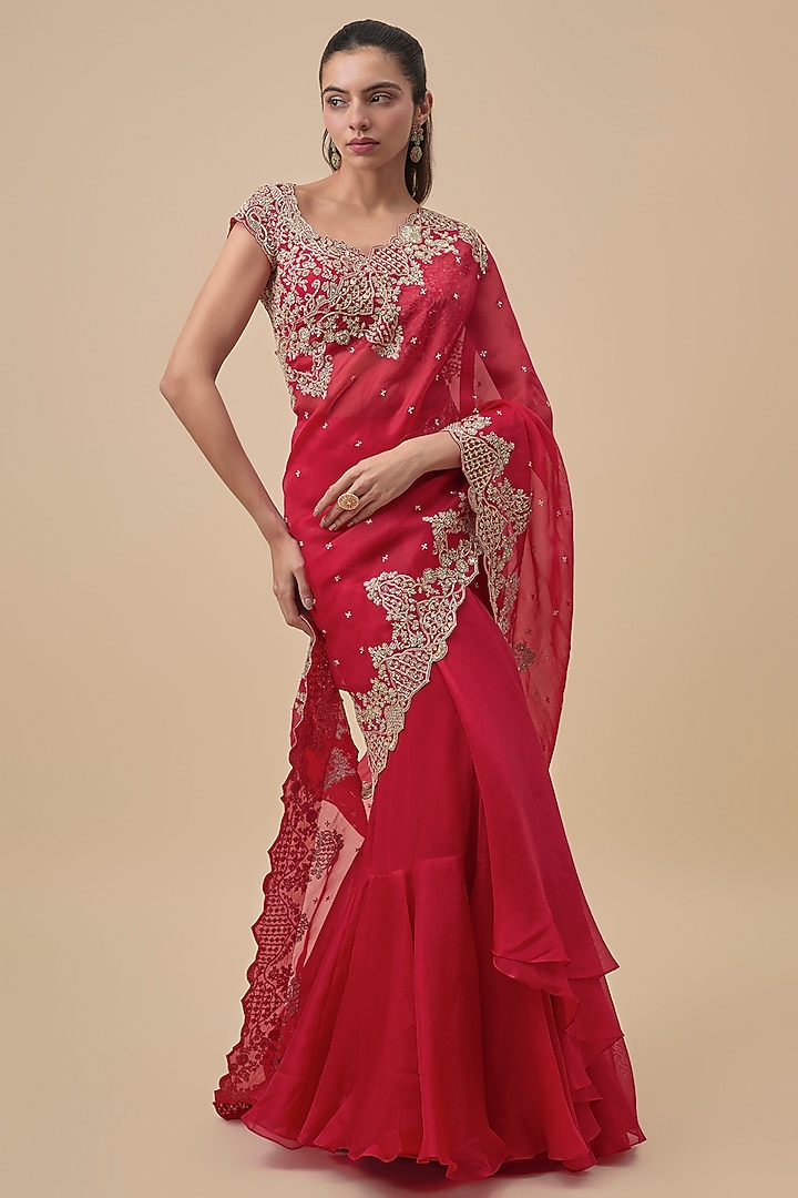 Red Chiffon & Organza Ruffled Bridal Saree Set by Anushree Reddy at Pernia's Pop Up Shop