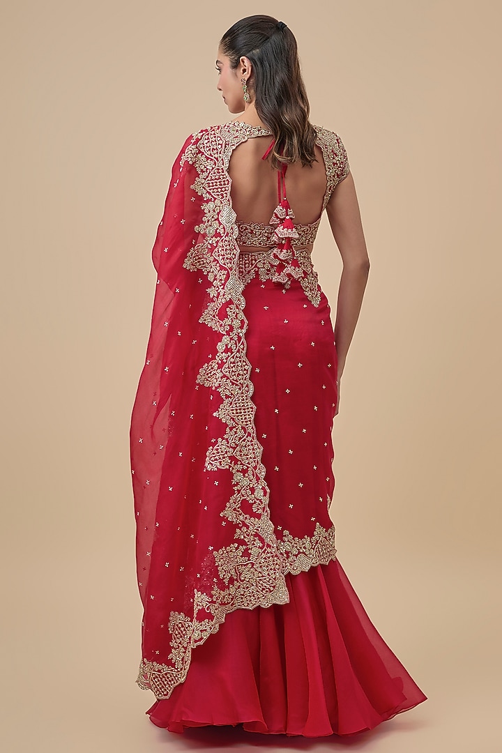 Red Chiffon & Organza Ruffled Bridal Saree Set by Anushree Reddy at Pernia's Pop Up Shop