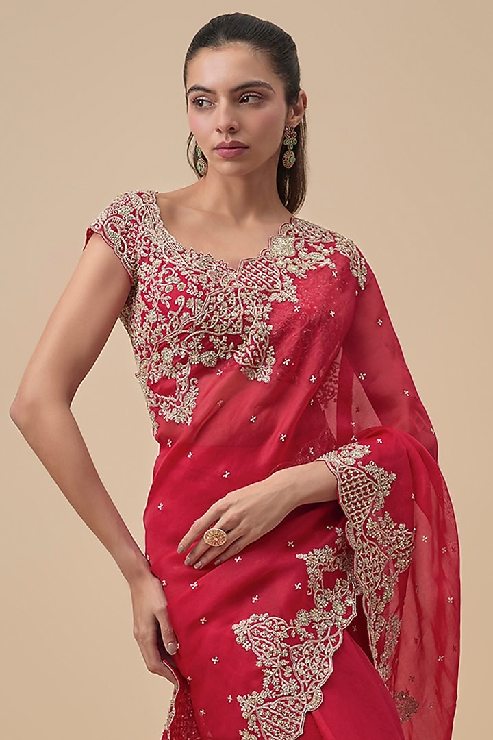 Red Chiffon & Organza Ruffled Bridal Saree Set by Anushree Reddy at Pernia's Pop Up Shop