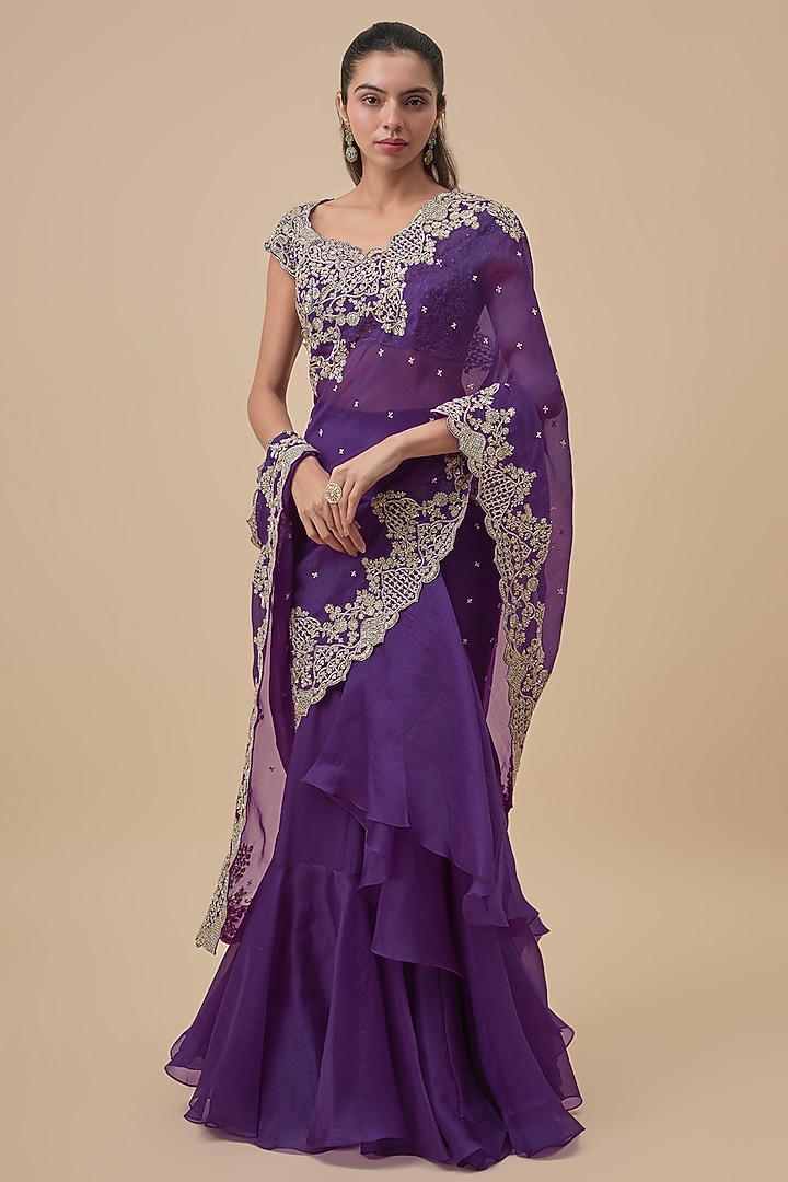 Purple Chiffon & Organza Ruffled Bridal Saree Set by Anushree Reddy at Pernia's Pop Up Shop
