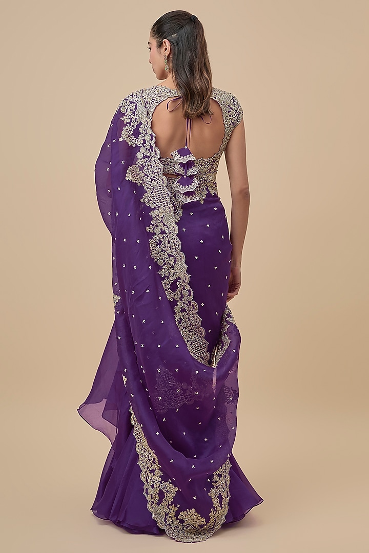 Purple Chiffon & Organza Ruffled Bridal Saree Set by Anushree Reddy at Pernia's Pop Up Shop