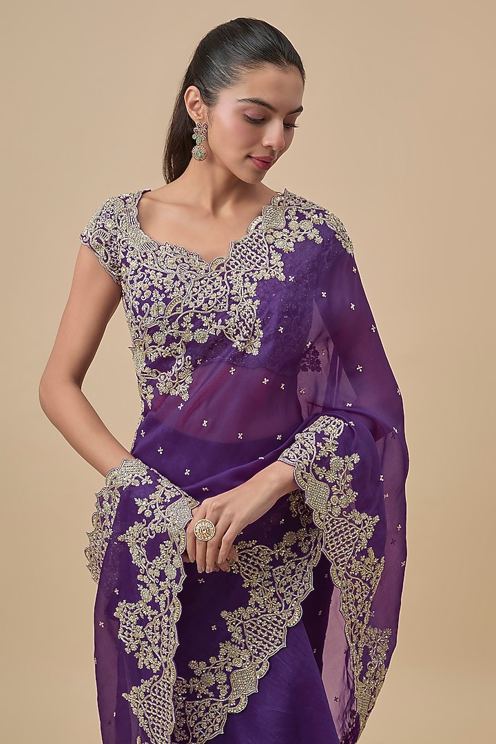 Purple Chiffon & Organza Ruffled Bridal Saree Set by Anushree Reddy at Pernia's Pop Up Shop