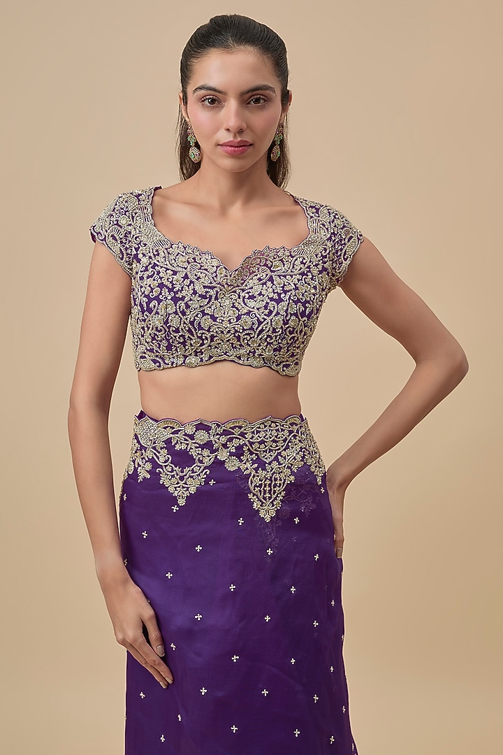 Purple Chiffon & Organza Ruffled Bridal Saree Set by Anushree Reddy at Pernia's Pop Up Shop