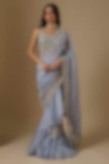 Blue Organza Hand Embroidered Ruffled Bridal Saree Set by Anushree Reddy at Pernia's Pop Up Shop